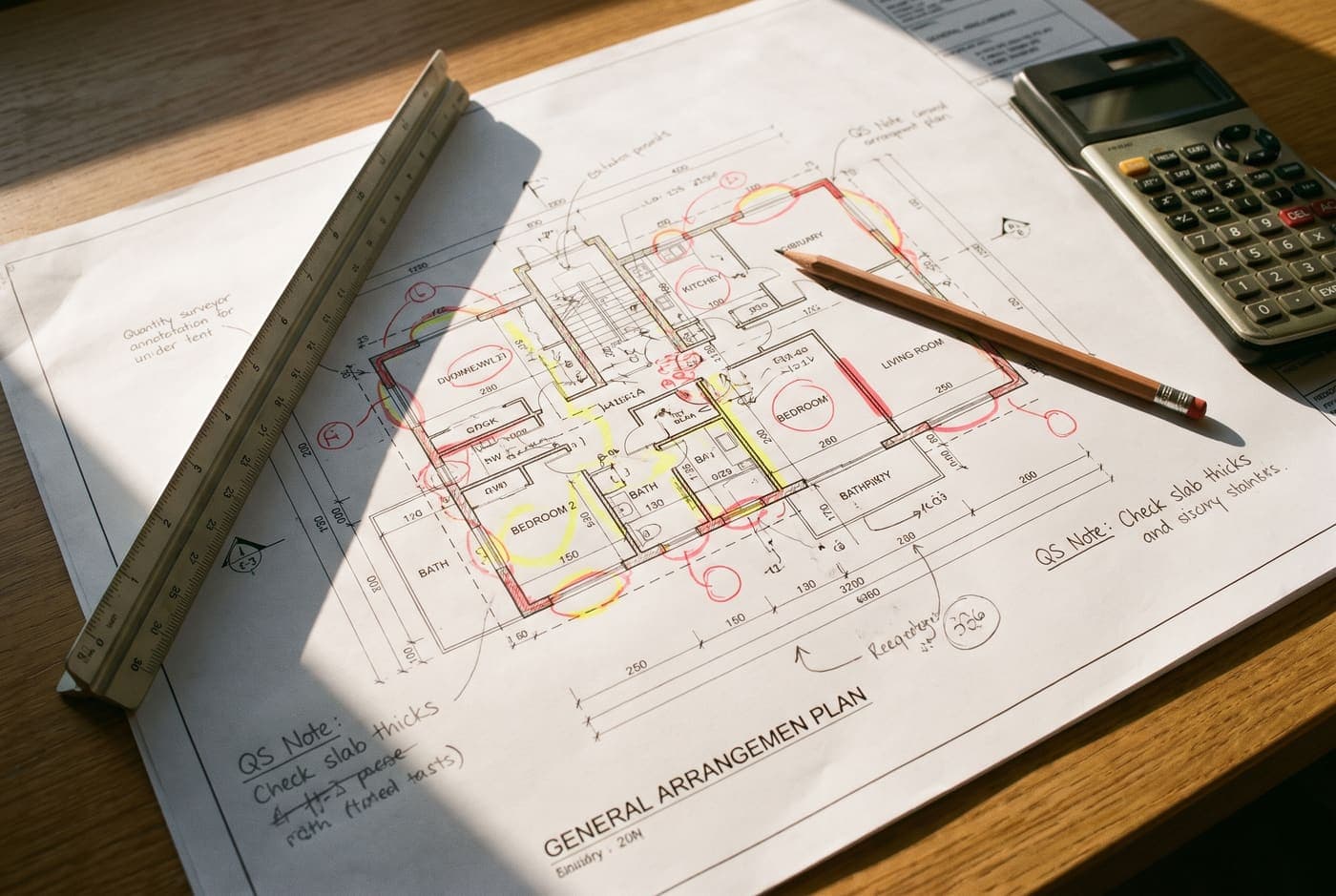 Marked-up take-off drawing with a quantity surveyor's annotations